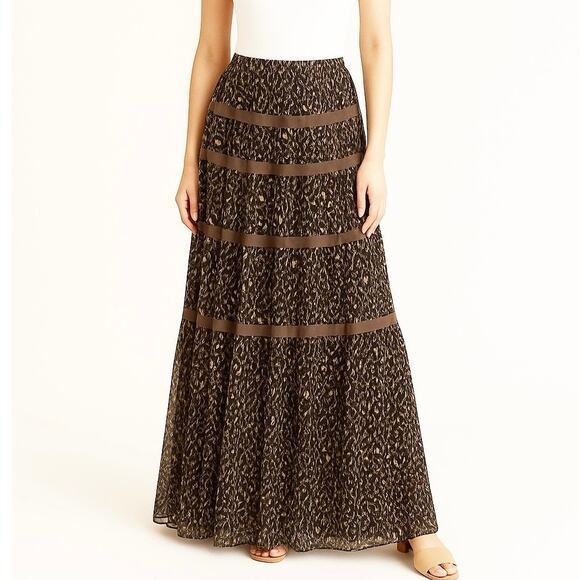 Laundry Shelli Segal Brown 100% Silk Maxi Skirt Tiered Leopard Animal Print 10 - Picture 1 of 16